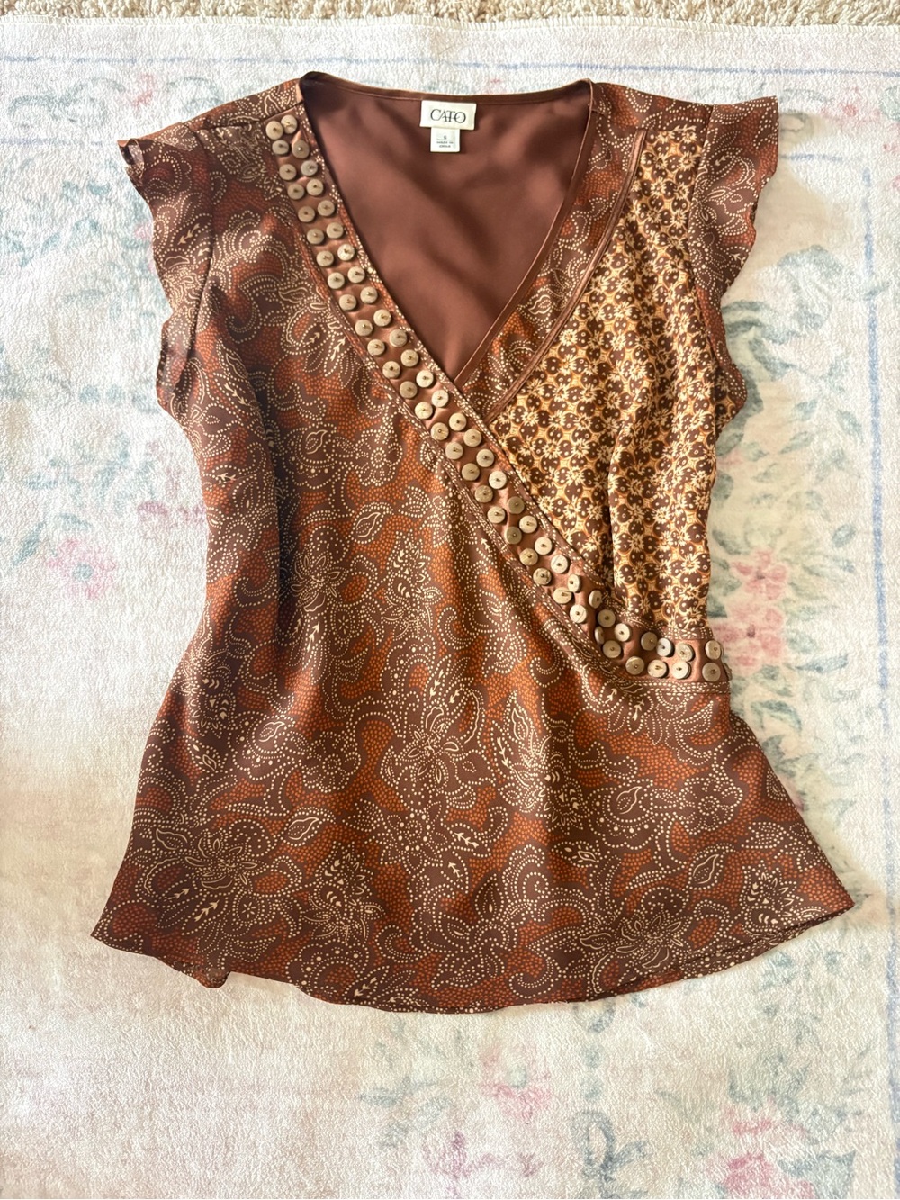 Cato Brown Floral Boho Wooden Button-Trim Wrap Top
